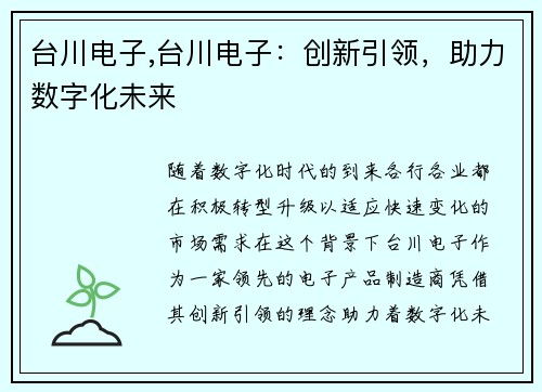 台川电子,台川电子：创新引领，助力数字化未来